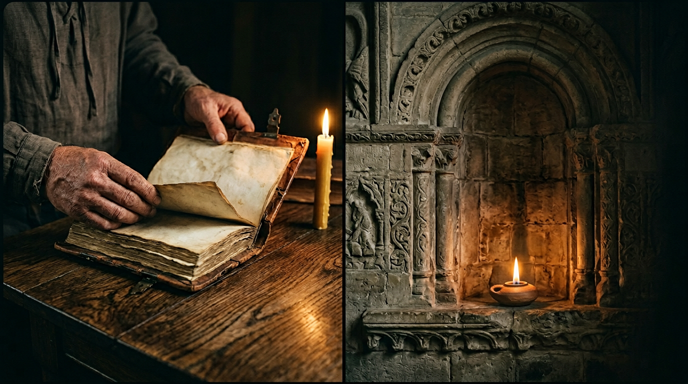 An aged parchment document beside a tabernacle candle burning in a Romanesque chapel